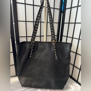 Black Leather Tote Bag with Contrast Stitching